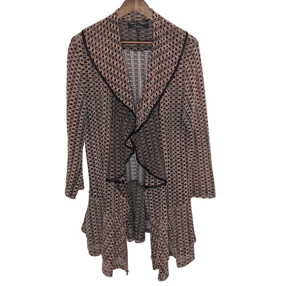 Calessa Peach/Black Eclectic Open-Front Sheer Jacket w/Cascading Ruffle Front L
